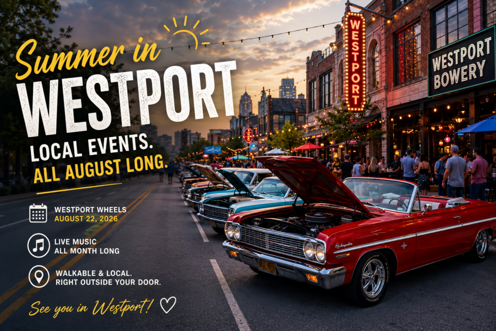 Classic cars line Westport Road during a summer evening in Kansas City's Westport district, with restaurants, outdoor patios, and crowds enjoying the neighborhood. A promotional overlay highlights "Summer in Westport: Local Events All August Long," featuring the Westport Wheels Car Show on August 22, 2026, live music throughout the month, and the district's walkable entertainment scene.