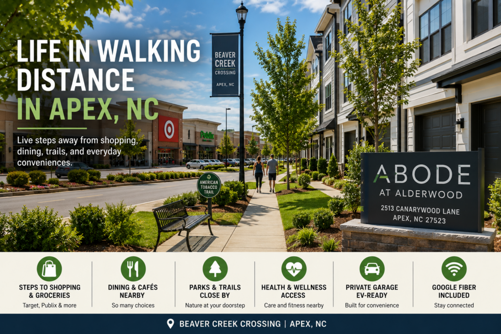 A sunny streetscape near Beaver Creek Crossing in Apex, North Carolina, featuring modern townhomes, landscaped sidewalks, and nearby shopping, including Target and Publix. The promotional graphic highlights the walkable lifestyle at ABODE at Alderwood, emphasizing convenient access to shopping, dining, parks, trails, an EV-ready private garage, and Google Fiber.