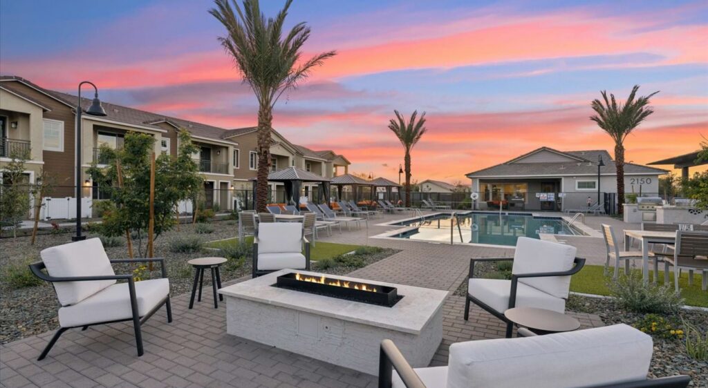 exterior image of the pool and firepit lounge