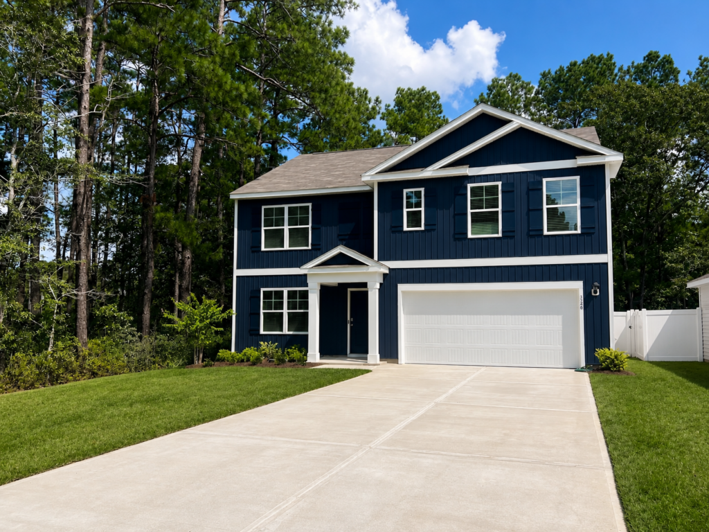 exterior of blue townhome