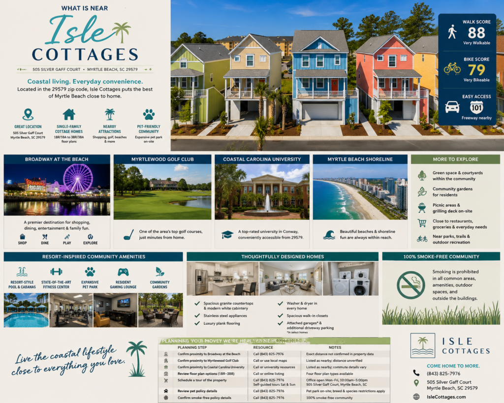 Neighborhood guide for Isle Cottages in Myrtle Beach, SC, featuring colorful cottage-style rental homes and highlighting nearby Broadway at the Beach, Myrtlewood Golf Club, Coastal Carolina University, and the Myrtle Beach shoreline. The graphic also showcases community amenities including a resort-inspired pool, fitness center, pet park, gaming lounge, community gardens, grilling areas, and smoke-free living.