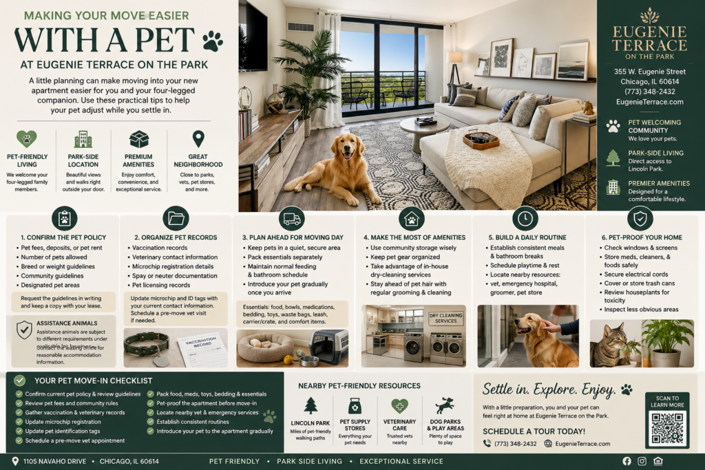 Pet move-in guide for Eugenie Terrace on the Park in Chicago, featuring a modern apartment interior with a dog and tips for pet policies, records, moving day preparation, daily routines, and pet-proofing.