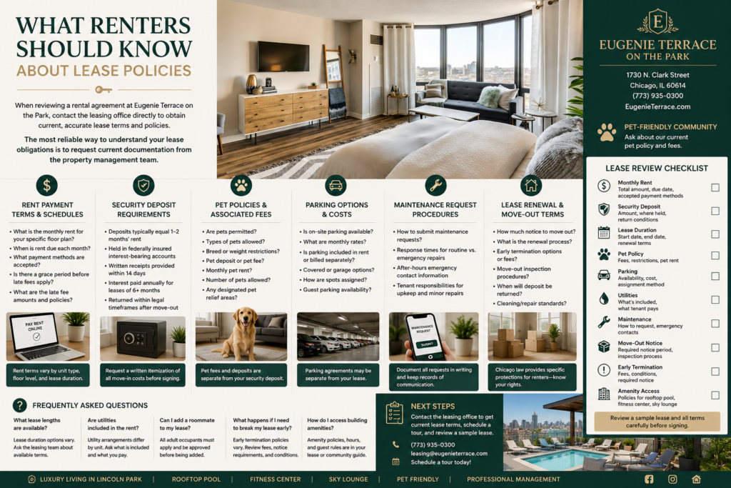 Lease policy guide for Eugenie Terrace on the Park in Chicago, featuring a modern apartment interior and renter tips covering rent payments, security deposits, pet policies, parking, maintenance, lease renewal, move-out terms, and a lease review checklist.
