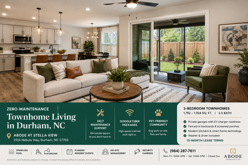 ABODE at Stella View townhome in Durham, NC, highlighting zero-maintenance living with modern interiors, 24/7 maintenance support, Google Fiber, private garages, fenced-in backyards, screened porches, and pet-friendly community amenities.
