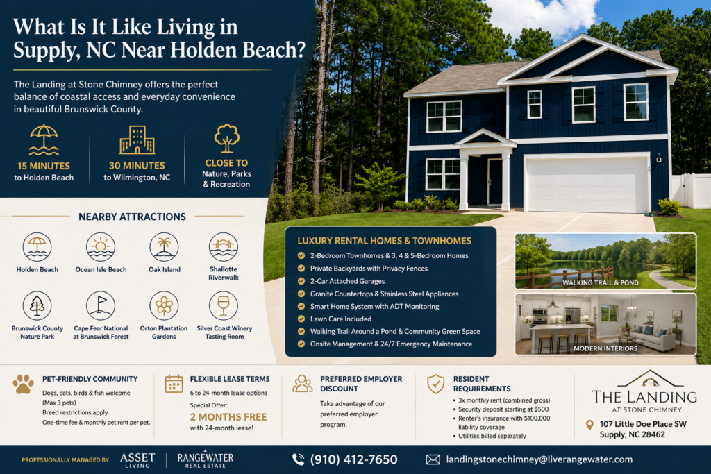 The Landing at Stone Chimney rental home in Supply, NC, highlighting proximity to Holden Beach, Brunswick County attractions, private backyards, attached garages, walking trails, and modern home features.
