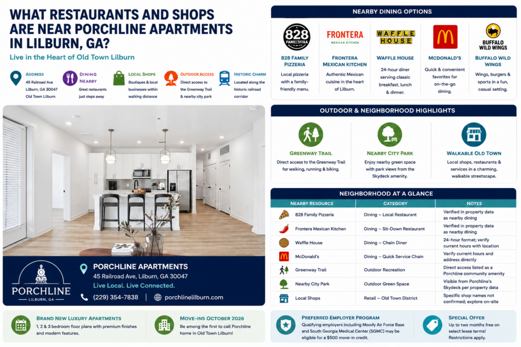 Infographic for Porchline Apartments in Lilburn, Georgia, featuring a modern apartment interior and highlighting nearby Old Town Lilburn dining, local shops, Greenway Trail access, and neighborhood attractions.