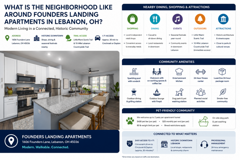 Infographic highlighting Founders Landing Apartments in Lebanon, Ohio, featuring a modern apartment kitchen alongside nearby shopping, dining, seasonal events, trails, community amenities, pet-friendly features, and I-71 access.