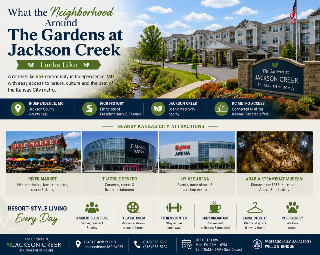 A promotional graphic featuring The Gardens at Jackson Creek, a 55+ apartment community in Independence, Missouri, with landscaped grounds, a peaceful residential setting, and a creek running through the neighborhood. The image highlights nearby Kansas City attractions including River Market, T-Mobile Center, Hy-Vee Arena, and the Arabia Steamboat Museum, while showcasing community amenities such as a resident clubhouse, theatre room, fitness center, daily breakfast service, large closets, and a pet-friendly environment.