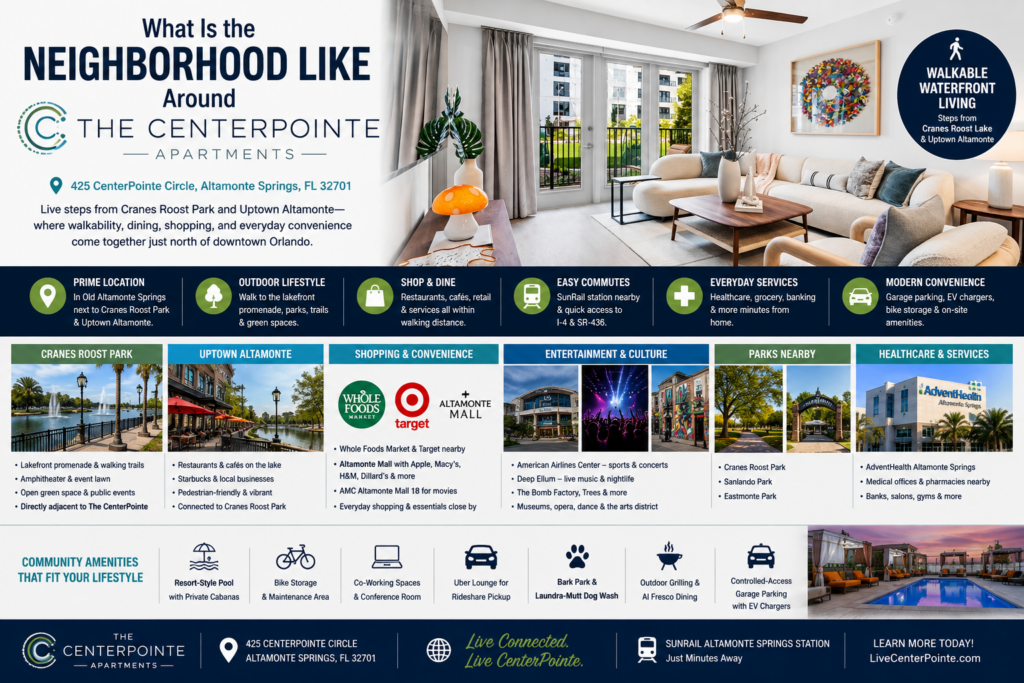 A promotional graphic highlighting The CenterPointe Apartments in Altamonte Springs, Florida, featuring a bright, contemporary apartment living room with large windows overlooking the community. The image showcases the neighborhood's walkable location near Cranes Roost Park and Uptown Altamonte, with nearby shopping at Whole Foods, Target, and Altamonte Mall, along with parks, restaurants, healthcare, and SunRail access. Community amenities include a resort-style pool with private cabanas, co-working spaces, bike storage, outdoor grilling areas, a bark park with dog wash, EV charging, and controlled-access garage parking.
