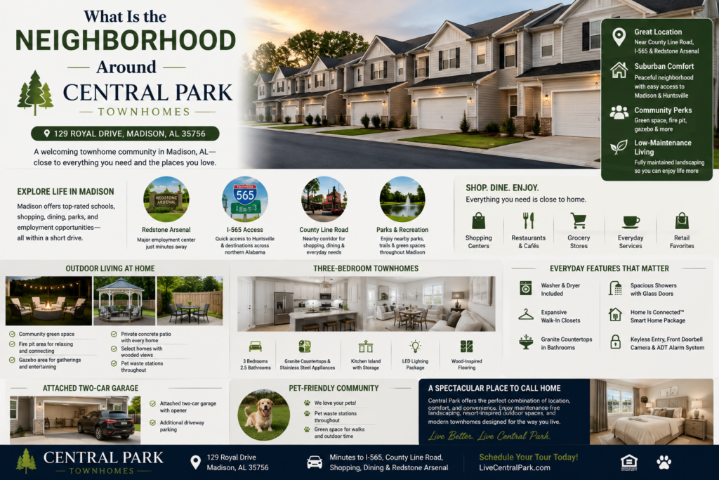 A promotional neighborhood guide for Central Park Townhomes in Madison, Alabama, featuring modern townhomes with attached garages and landscaped surroundings. The graphic highlights the community’s location near County Line Road, I-565, and Redstone Arsenal, along with green space, a fire pit, gazebo, private patios, maintained landscaping, pet-friendly areas, and three-bedroom townhomes with modern kitchens, smart-home features, included washers and dryers, and attached two-car garages.