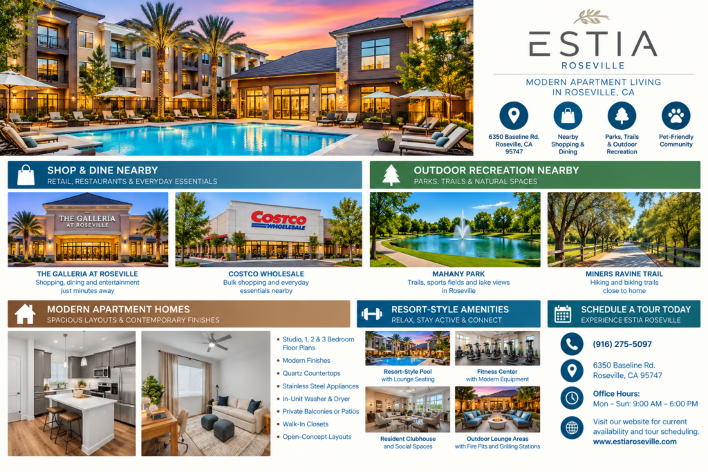 Estia Roseville community guide highlighting modern apartment interiors, resort-style amenities, nearby shopping at Costco and The Galleria, and Roseville outdoor recreation.