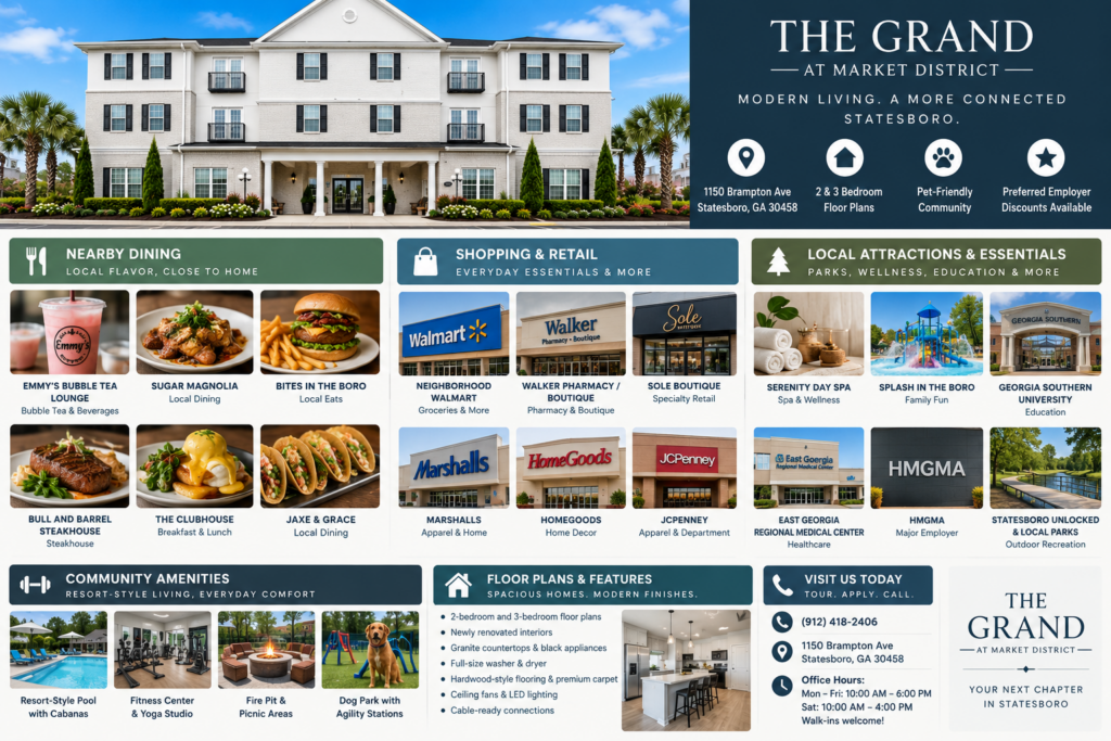 Infographic for The Grand at Market District in Statesboro, GA, featuring the apartment community alongside nearby dining, shopping, local attractions, community amenities, and two- and three-bedroom floor plan features.