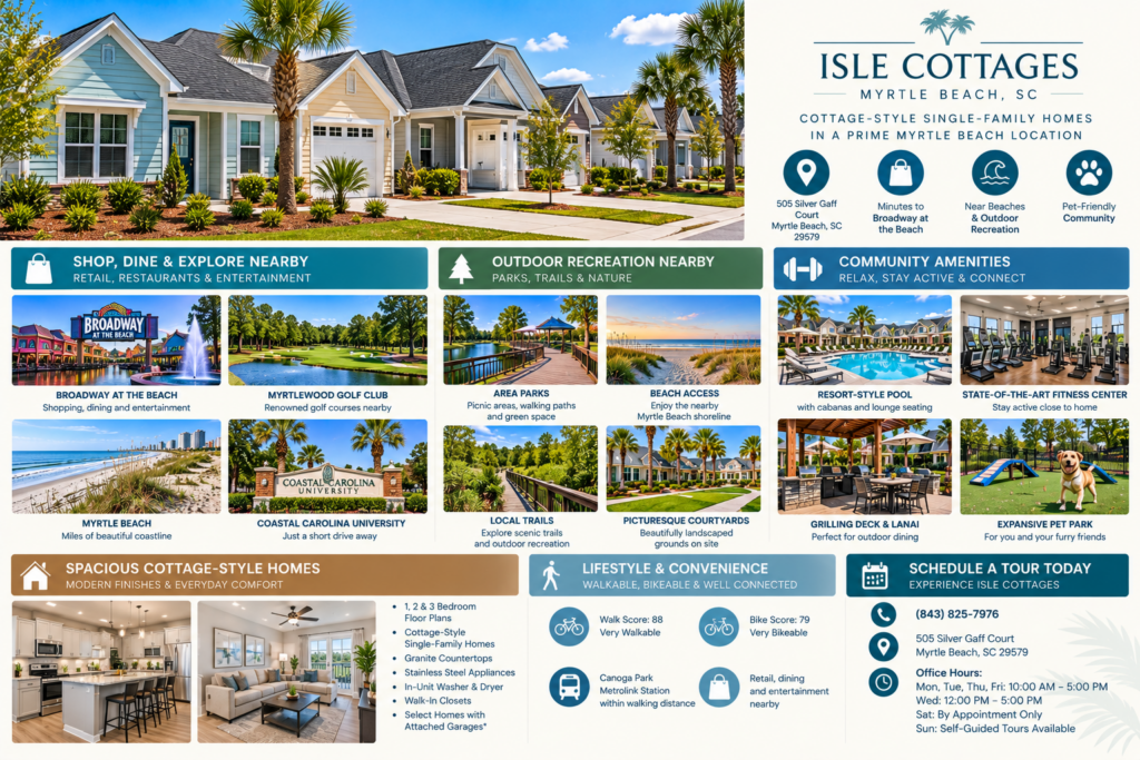 Cottage-style homes at Isle Cottages in Myrtle Beach, SC, highlighting nearby beaches, Broadway at the Beach, outdoor recreation, and community amenities.