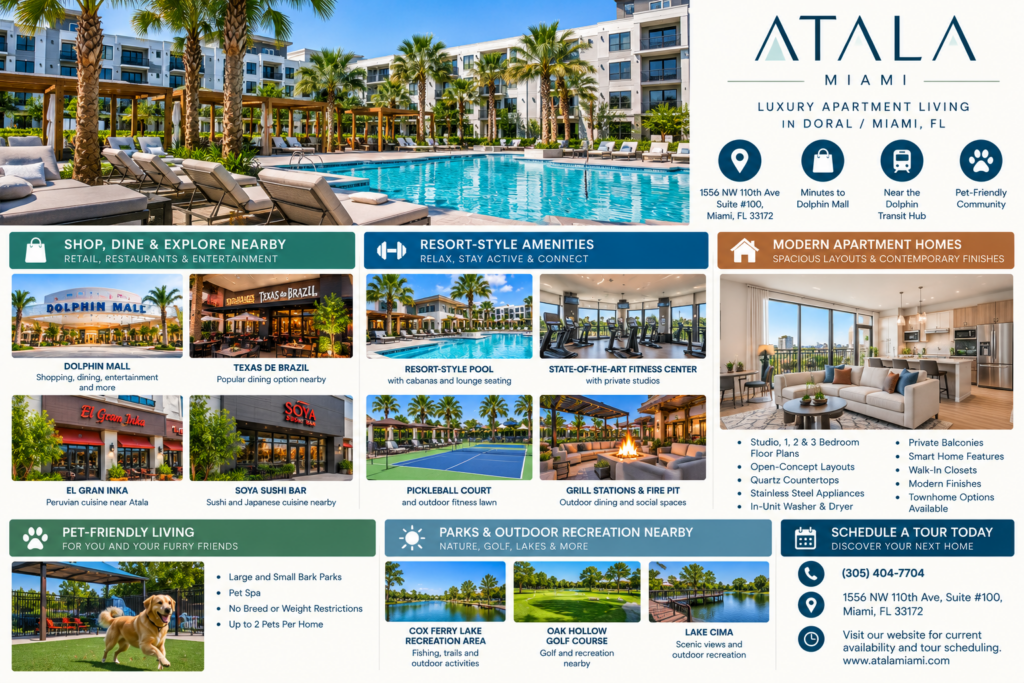 Infographic for Atala in Miami, Florida, highlighting Dolphin Mall, nearby dining, the Dolphin Transit Hub, community amenities, and modern apartment features.
