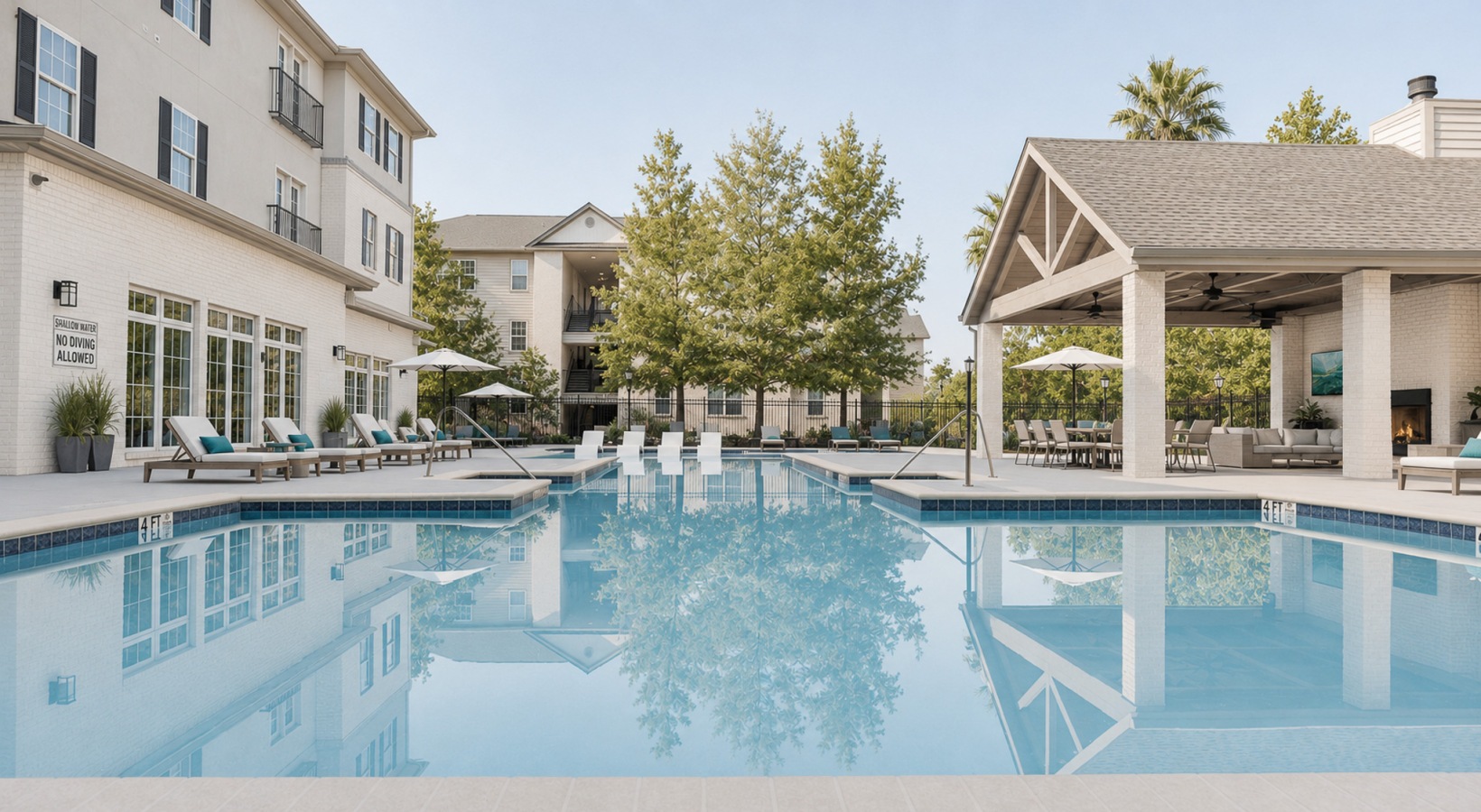 exterior view of apartments with an up-close of pool